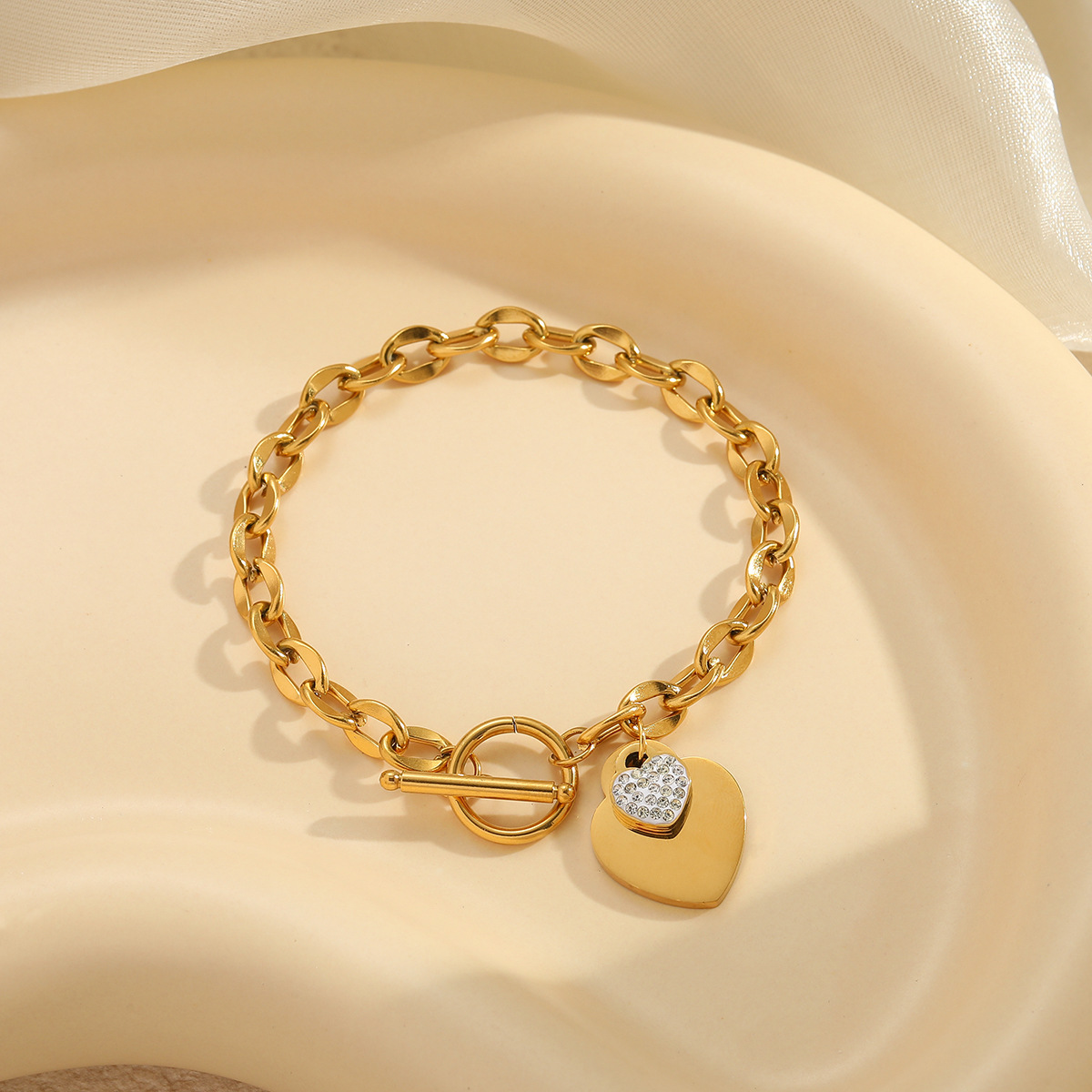 Light Luxury Thick Chain Double Heart Bracelet, Minimalist Style